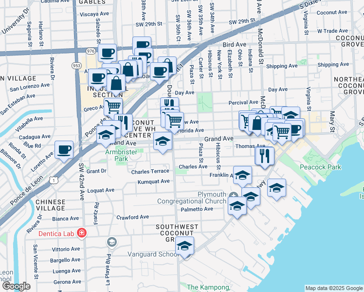 map of restaurants, bars, coffee shops, grocery stores, and more near 3669 Thomas Avenue in Miami