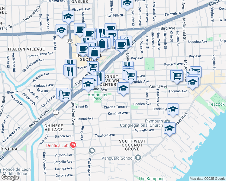 map of restaurants, bars, coffee shops, grocery stores, and more near 106 Florida Avenue in Coral Gables
