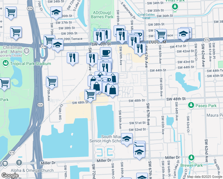 map of restaurants, bars, coffee shops, grocery stores, and more near 7061-7077 Southwest 46th Street in Miami