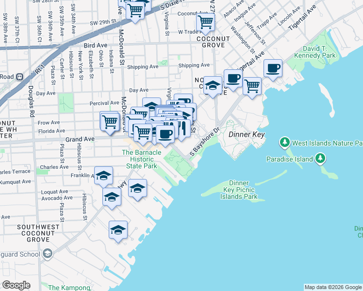 map of restaurants, bars, coffee shops, grocery stores, and more near 2982 Grand Avenue in Miami