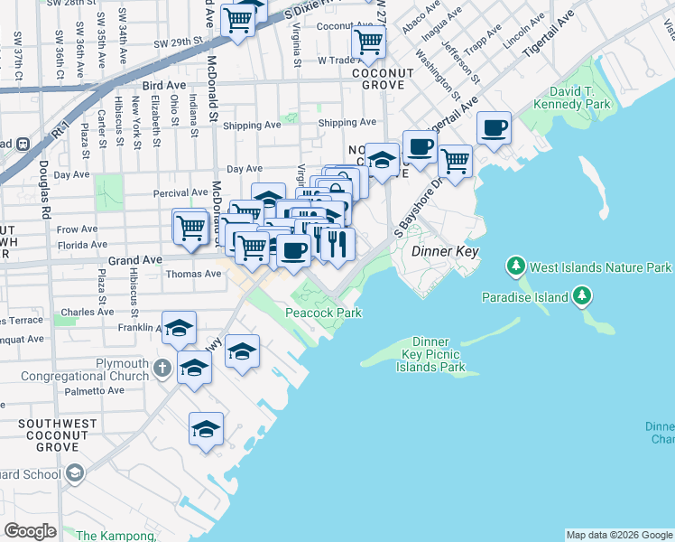 map of restaurants, bars, coffee shops, grocery stores, and more near 3450 Mary Street in Miami
