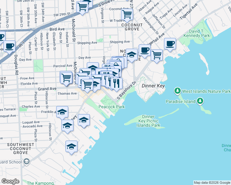map of restaurants, bars, coffee shops, grocery stores, and more near 2190 Grand Avenue in Coral Gables