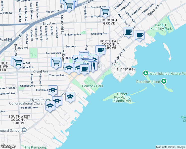 map of restaurants, bars, coffee shops, grocery stores, and more near 2982 Grand Avenue in Miami