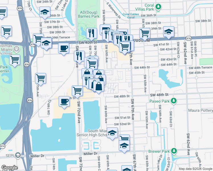 map of restaurants, bars, coffee shops, grocery stores, and more near 7000 Southwest 46th Street in Miami