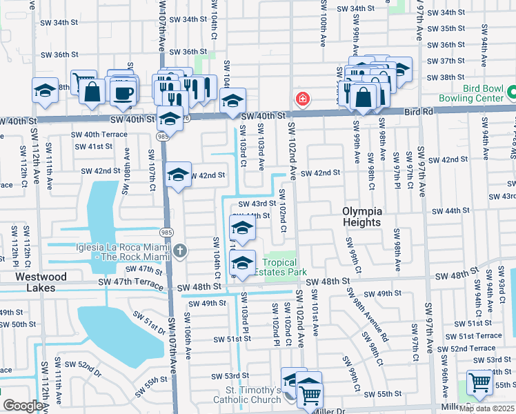 map of restaurants, bars, coffee shops, grocery stores, and more near 10340 Southwest 42nd Terrace in Miami