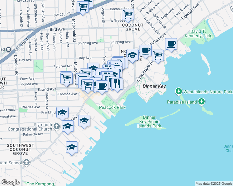 map of restaurants, bars, coffee shops, grocery stores, and more near 3450 Mary Street in Miami
