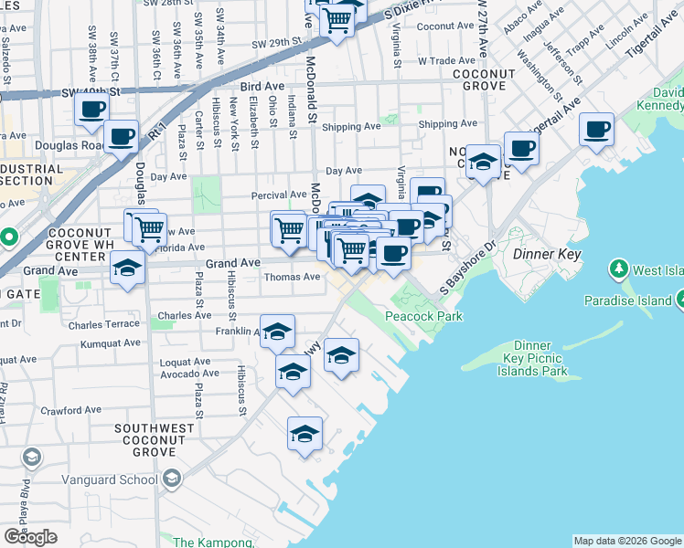 map of restaurants, bars, coffee shops, grocery stores, and more near Commodore Plaza in Miami