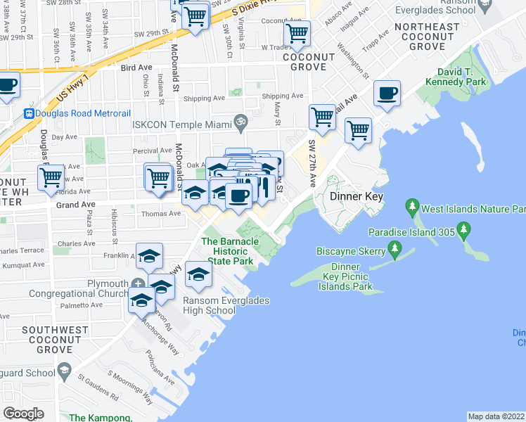 map of restaurants, bars, coffee shops, grocery stores, and more near 2982 Grand Avenue in Miami