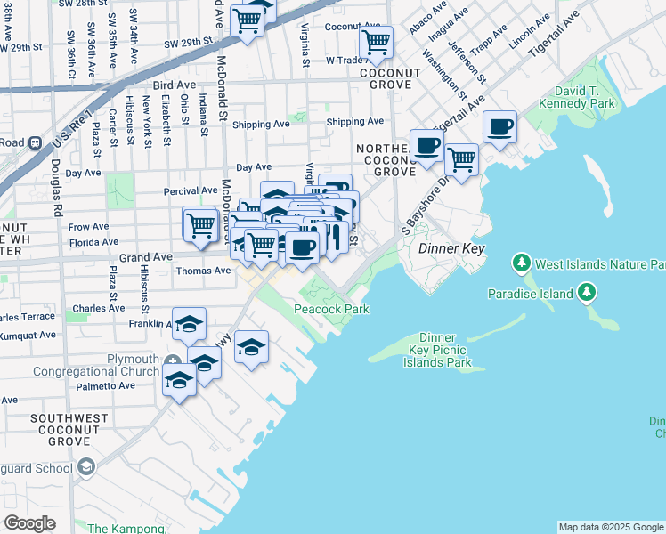 map of restaurants, bars, coffee shops, grocery stores, and more near 2982 Grand Avenue in Miami