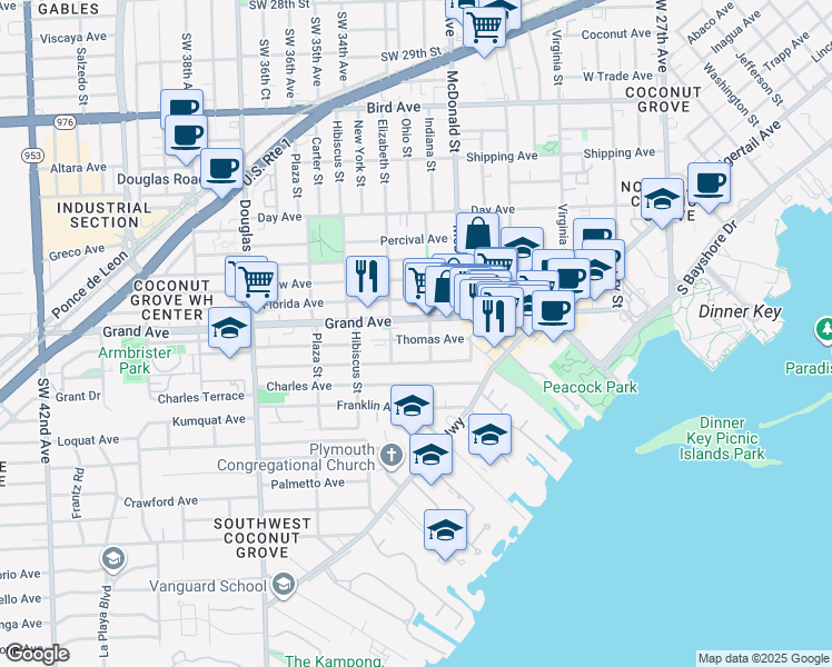 map of restaurants, bars, coffee shops, grocery stores, and more near 3303 Grand Avenue in Miami