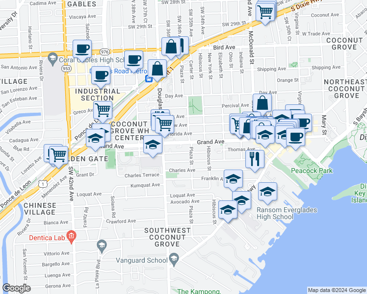map of restaurants, bars, coffee shops, grocery stores, and more near 3380 Plaza Street in Miami