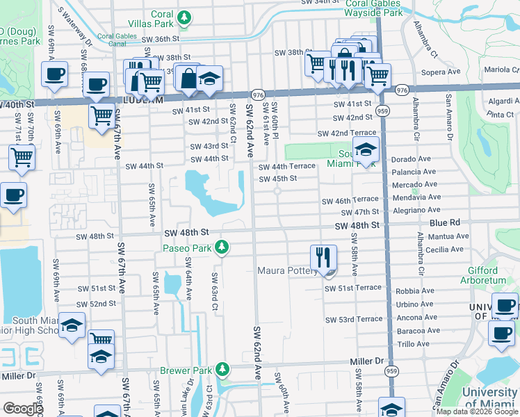 map of restaurants, bars, coffee shops, grocery stores, and more near 6100 Southwest 46th Street in Miami