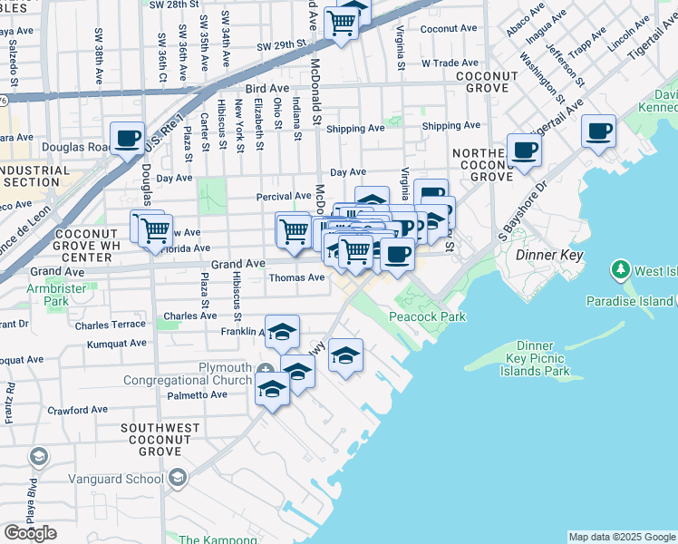 map of restaurants, bars, coffee shops, grocery stores, and more near 3162 Commodore Plaza in Miami