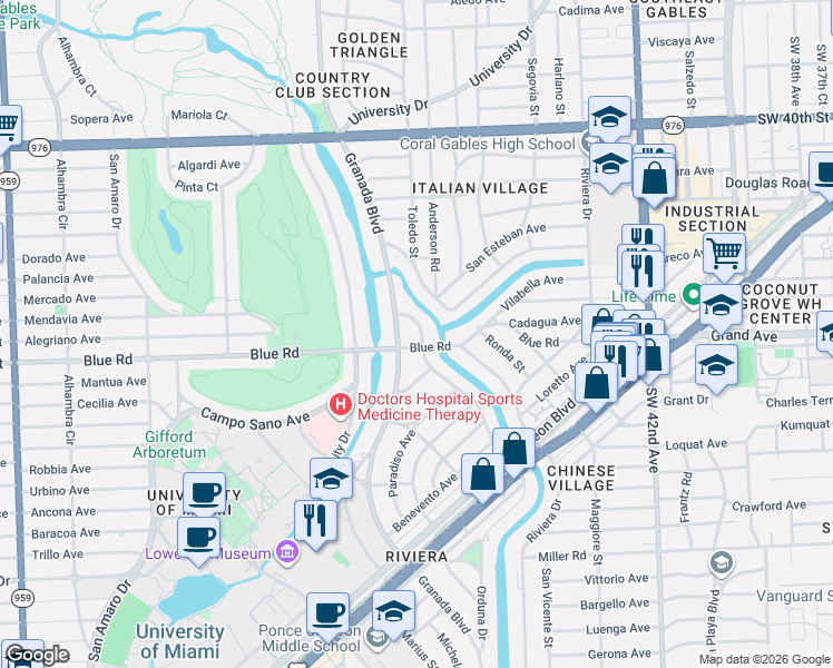 map of restaurants, bars, coffee shops, grocery stores, and more near 4705 Granada Boulevard in Coral Gables