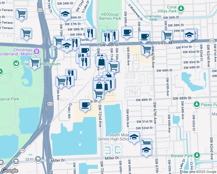 map of restaurants, bars, coffee shops, grocery stores, and more near 4545 SW 72nd Ave in Miami