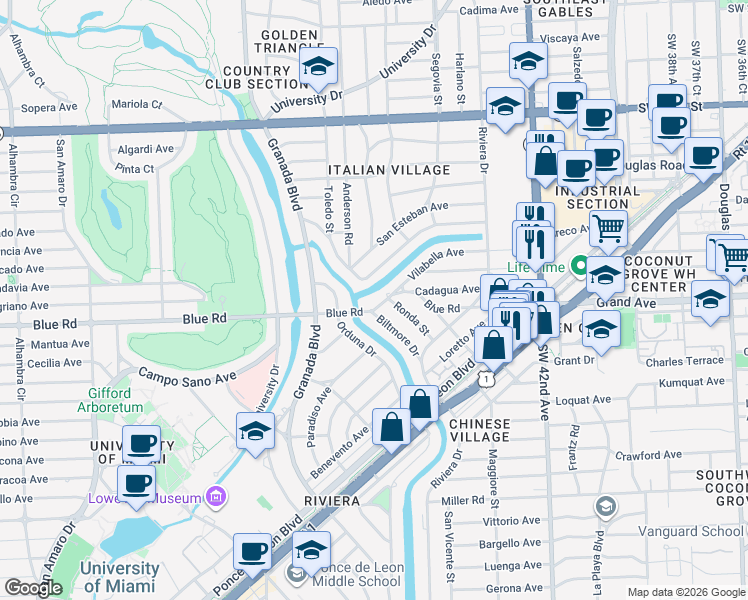 map of restaurants, bars, coffee shops, grocery stores, and more near 764 Jeronimo Drive in Coral Gables