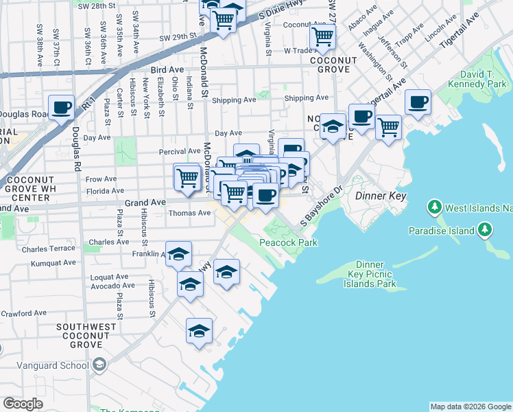 map of restaurants, bars, coffee shops, grocery stores, and more near 3415 Main Highway in Miami