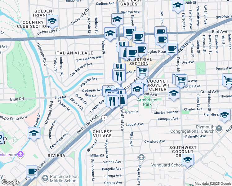 map of restaurants, bars, coffee shops, grocery stores, and more near 4800 South Le Jeune Road in Coral Gables