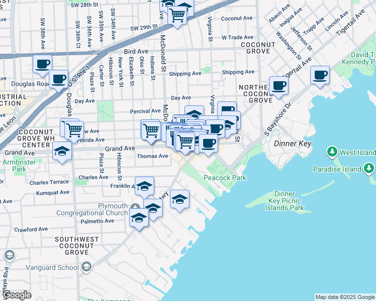 map of restaurants, bars, coffee shops, grocery stores, and more near 3140 Grand Avenue in Miami