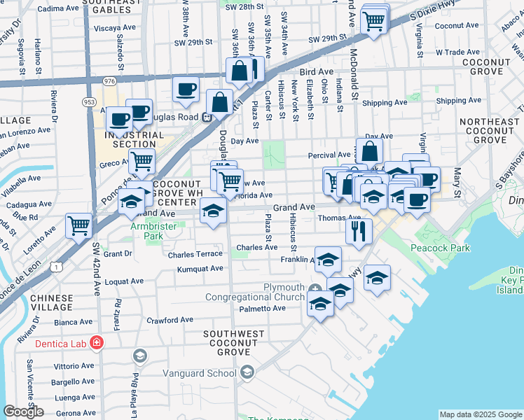 map of restaurants, bars, coffee shops, grocery stores, and more near 3380 Plaza Street in Miami