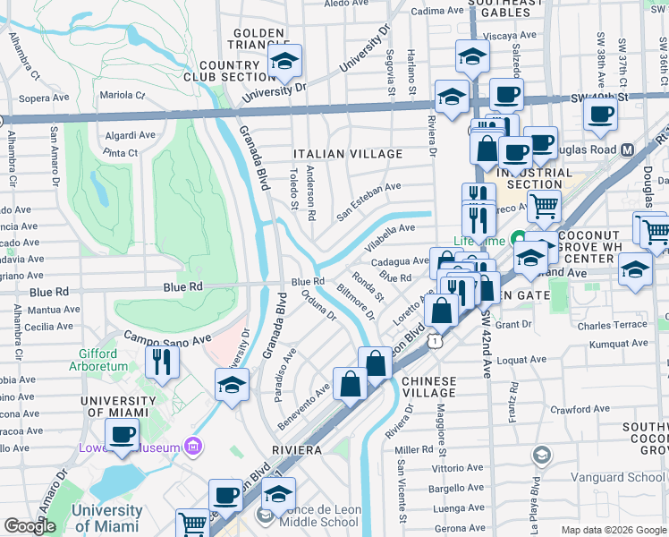 map of restaurants, bars, coffee shops, grocery stores, and more near 764 Jeronimo Drive in Coral Gables