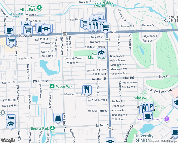 map of restaurants, bars, coffee shops, grocery stores, and more near 5825 Southwest 46th Terrace in Miami