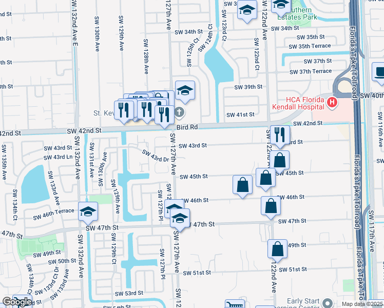 map of restaurants, bars, coffee shops, grocery stores, and more near 12690 Southwest 43rd Street in Miami