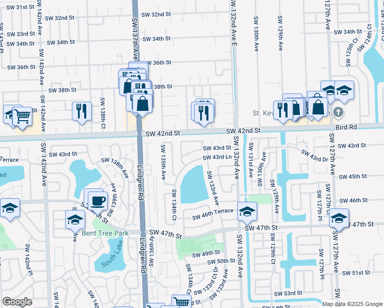 map of restaurants, bars, coffee shops, grocery stores, and more near 4241 Southwest 134th Avenue in Miami