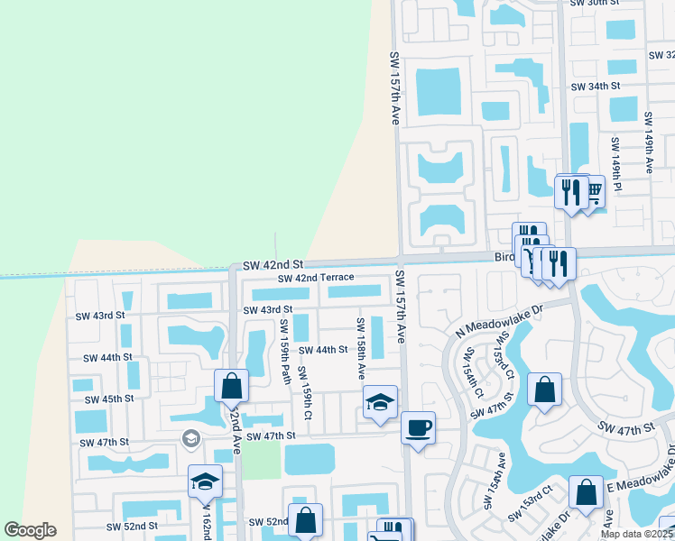 map of restaurants, bars, coffee shops, grocery stores, and more near 15871 Southwest 42nd Terrace in Miami