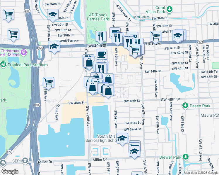 map of restaurants, bars, coffee shops, grocery stores, and more near 7000 Southwest 46th Street in Miami