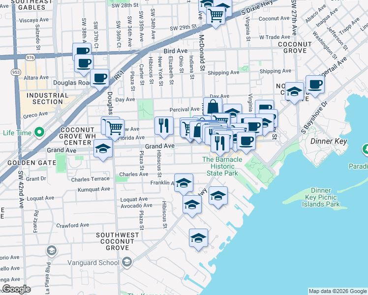 map of restaurants, bars, coffee shops, grocery stores, and more near 3303 Grand Avenue in Miami