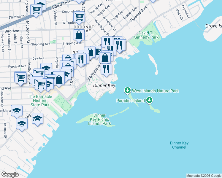 map of restaurants, bars, coffee shops, grocery stores, and more near Aviation Avenue in Miami