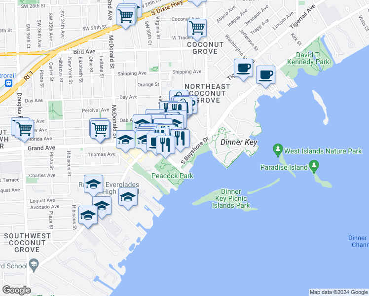 map of restaurants, bars, coffee shops, grocery stores, and more near 2190 Grand Avenue in Coral Gables