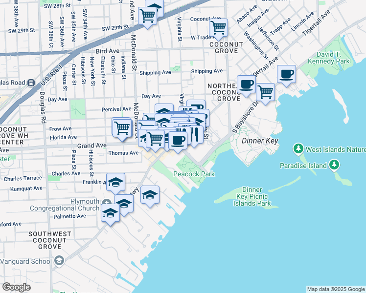 map of restaurants, bars, coffee shops, grocery stores, and more near 2982 Grand Avenue in Miami