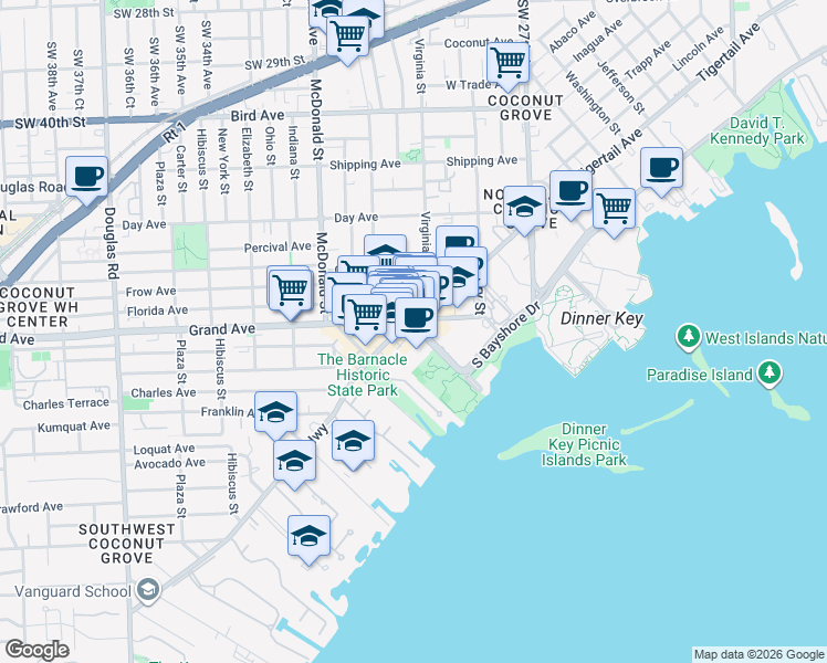 map of restaurants, bars, coffee shops, grocery stores, and more near 3400 Main Highway in Miami