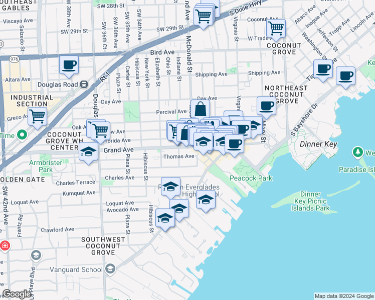 map of restaurants, bars, coffee shops, grocery stores, and more near in Miami