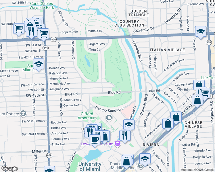 map of restaurants, bars, coffee shops, grocery stores, and more near 1250 Mendavia Avenue in Coral Gables