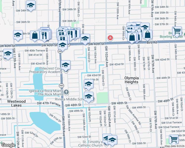 map of restaurants, bars, coffee shops, grocery stores, and more near 10340 Southwest 42nd Terrace in Miami