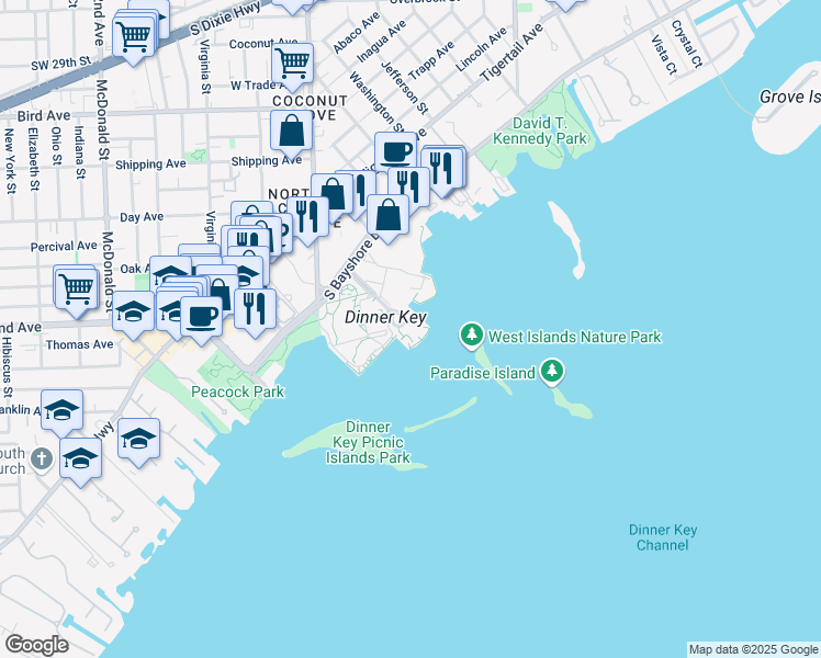 map of restaurants, bars, coffee shops, grocery stores, and more near 3500 Pan American Drive in Miami