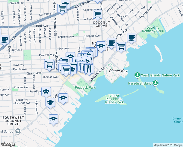 map of restaurants, bars, coffee shops, grocery stores, and more near 3450 Mary Street in Miami