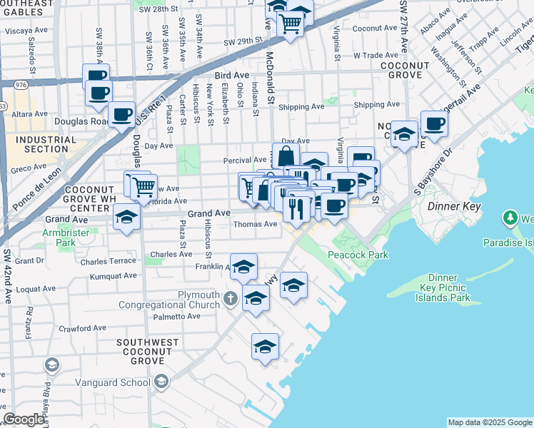 map of restaurants, bars, coffee shops, grocery stores, and more near in Miami
