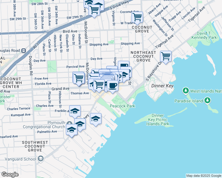 map of restaurants, bars, coffee shops, grocery stores, and more near 3400 Main Highway in Miami