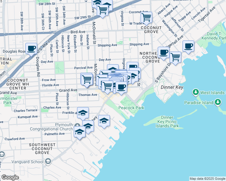 map of restaurants, bars, coffee shops, grocery stores, and more near 3400 Main Highway in Miami