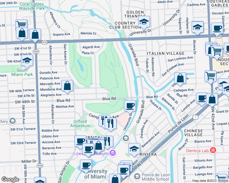 map of restaurants, bars, coffee shops, grocery stores, and more near 1155 Blue Road in Coral Gables