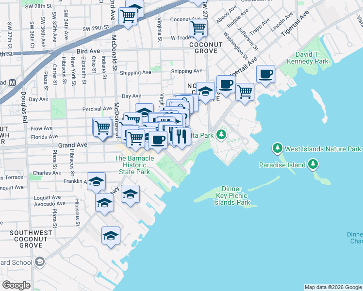 map of restaurants, bars, coffee shops, grocery stores, and more near 2901 South Bayshore Drive in Miami