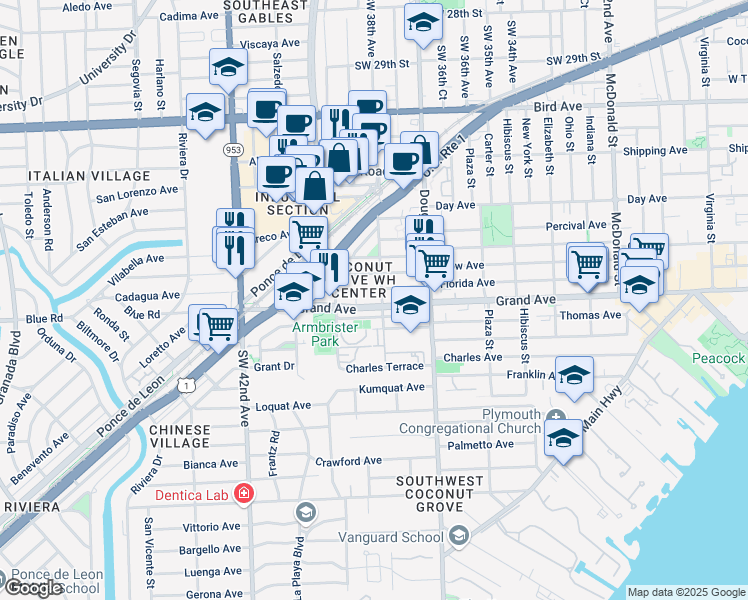 map of restaurants, bars, coffee shops, grocery stores, and more near 106 Florida Avenue in Coral Gables