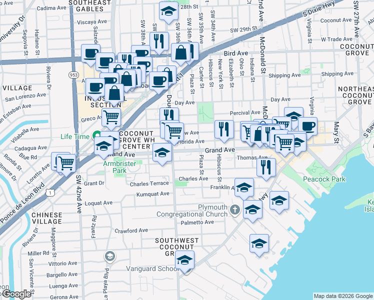 map of restaurants, bars, coffee shops, grocery stores, and more near Grand Avenue in Miami
