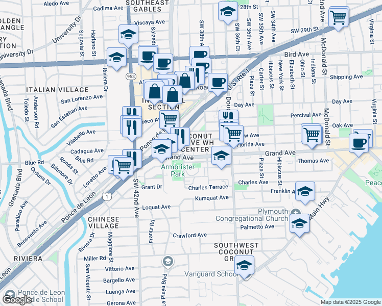 map of restaurants, bars, coffee shops, grocery stores, and more near 142 Florida Avenue in Coral Gables
