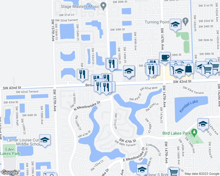 map of restaurants, bars, coffee shops, grocery stores, and more near 4201 Southwest 152nd Avenue in Miami