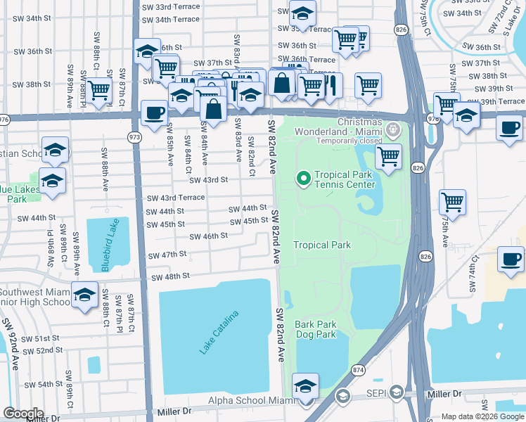 map of restaurants, bars, coffee shops, grocery stores, and more near 8220 Southwest 44th Street in Miami